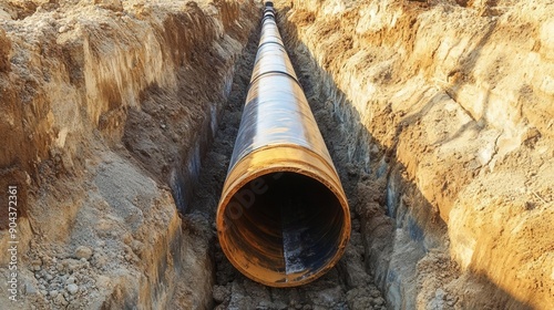 Pipe layer placing large pipes into a trench, precise and careful operation