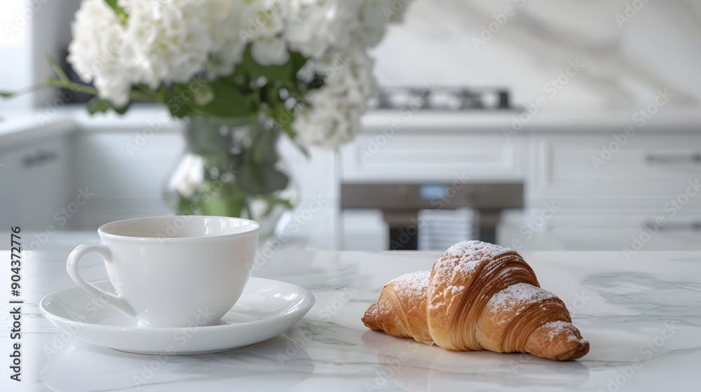 Cozy breakfast setup with a croissant and coffee on a marble table. The soft morning light and flowers create a warm and inviting atmosphere. Cozy breakfast setup with a croissant and coffee on a marble table. The soft morning light and flowers create a warm and inviting atmosphere.