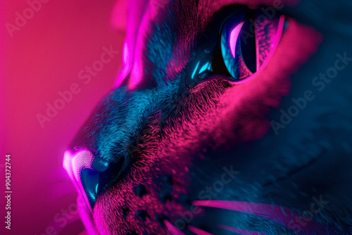 A cats face lit up by neon ...