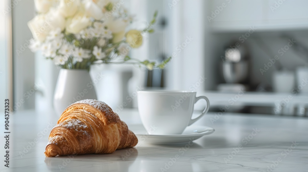 Cozy breakfast setup with a croissant and coffee on a marble table. The soft morning light and flowers create a warm and inviting atmosphere. Cozy breakfast setup with a croissant and coffee on a marble table. The soft morning light and flowers create a warm and inviting atmosphere.