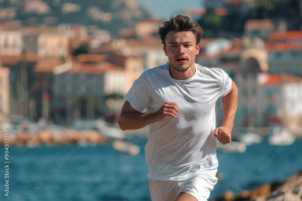 Focused athlete jogging near serene seaside enjoying landscape. Fit individual enjoys routine jog embracing scenic beauty around. Embracing newfound freedom along tranquil mediterranean coast. Focused athlete jogging near serene seaside enjoying landscape. Fit individual enjoys routine jog embracing scenic beauty around. Embracing newfound freedom along tranquil mediterranean coast.