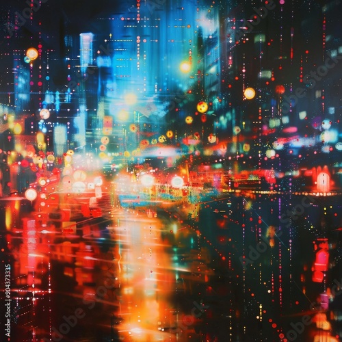 An abstract representation of city lights at night, with blurred lines and bright spots 