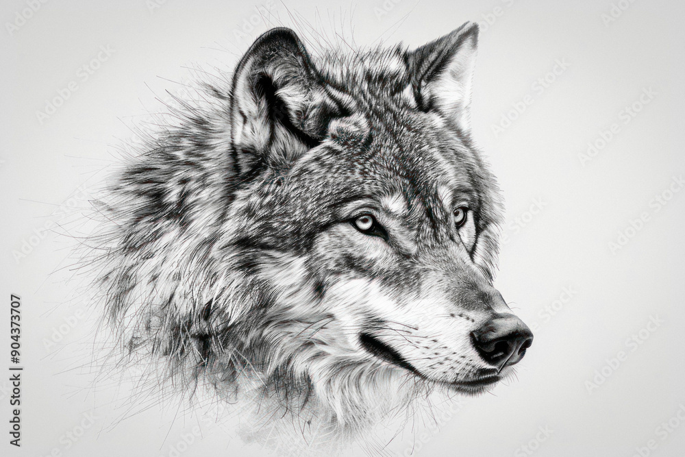 Fototapeta premium Black and white wolfs head drawing on white background, detailed