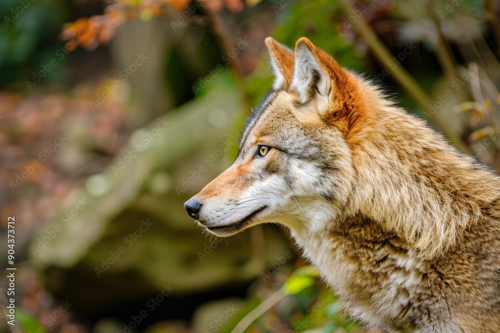 The image shows a wolfs head in a closeup shot amidst the forest The image shows a wolfs head in a closeup shot amidst the forest