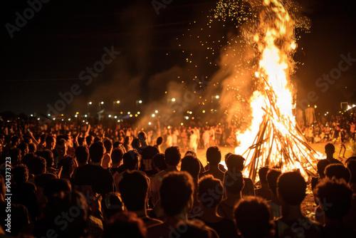 At night, a large group of individuals gathered around a big bon