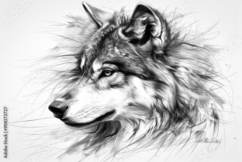 A monochrome drawing of a wolfs head on a white background photo