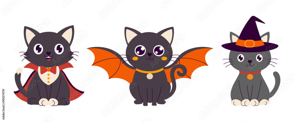 A black cat with orange wings is sitting on a white background. The cat has a collar and is looking at the camera A black cat with orange wings is sitting on a white background. The cat has a collar and is looking at the camera