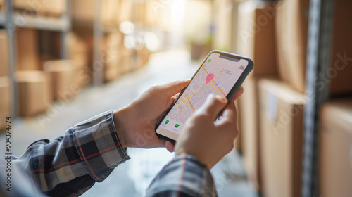 A customer tracking their package on a smartphone app, showing the real-time location of the delivery. stock image, hd quality