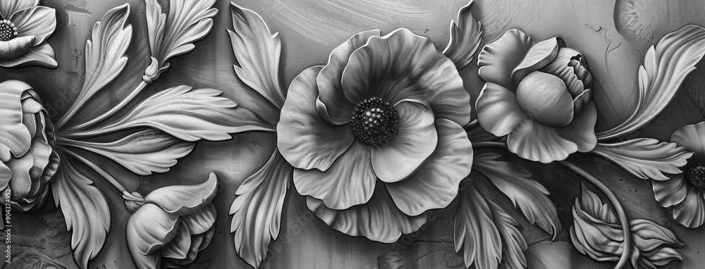 In the interior, art painted water lilies in 3D with black and white photo wallpaper In the interior, art painted water lilies in 3D with black and white photo wallpaper