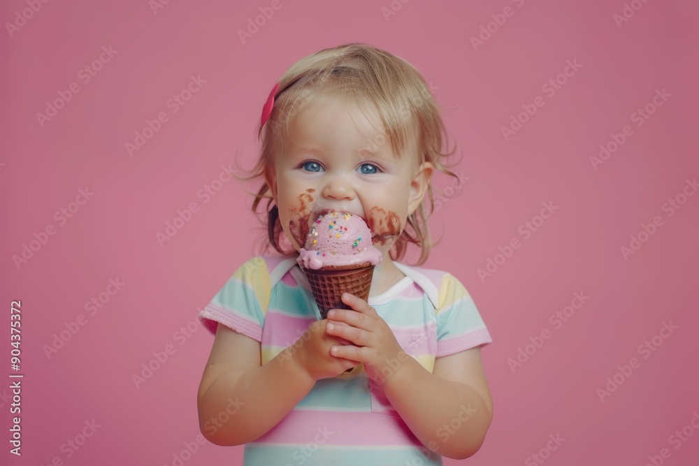 Adorable child long hair smiles brightly filling frame warmth. Innocence shines eyes of sweet smiling infant. Kid's favorite moment is enjoying ice cream. Adorable child long hair smiles brightly filling frame warmth. Innocence shines eyes of sweet smiling infant. Kid's favorite moment is enjoying ice cream.