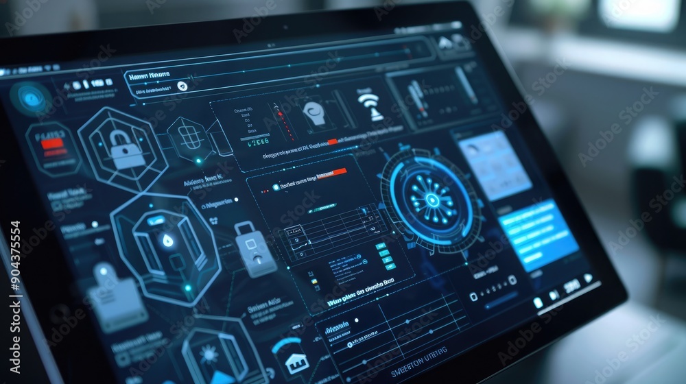A smart home security system showing an alert for unusual activity detected by AI, displayed on a tablet interface. A smart home security system showing an alert for unusual activity detected by AI, displayed on a tablet interface.