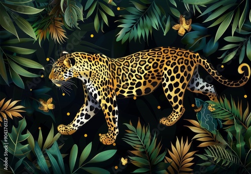 This is a tropical art nouveau print design with leopards and leaves. Generative ai design.