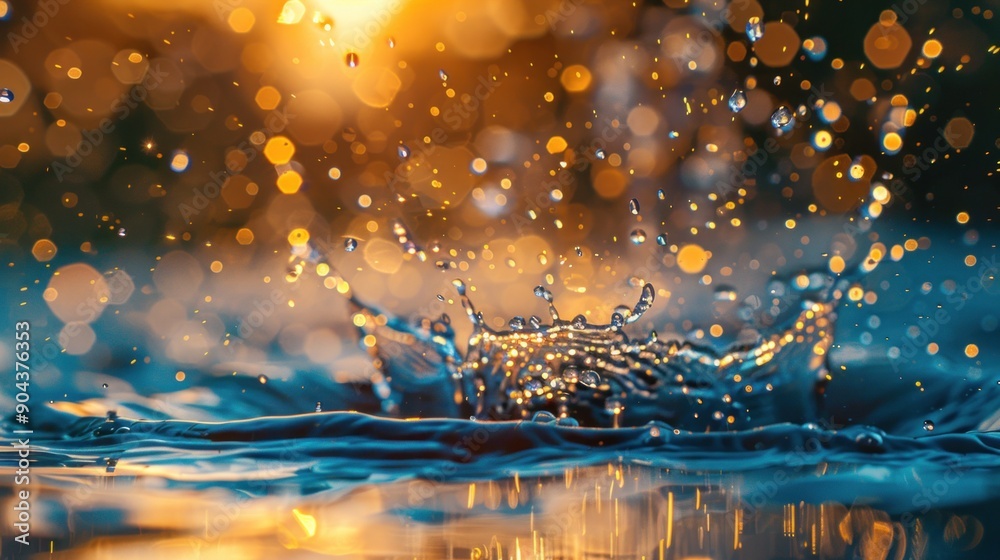 Water drops splash on a dark surface against a warm golden light background. The image has a soft and beautiful aesthetic