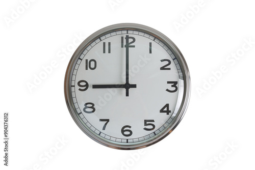 A white round shape wall clock with black hands showing the time of 9 o'clock cutout from background. Short hand at 9 o'clock and long hand at number 12.