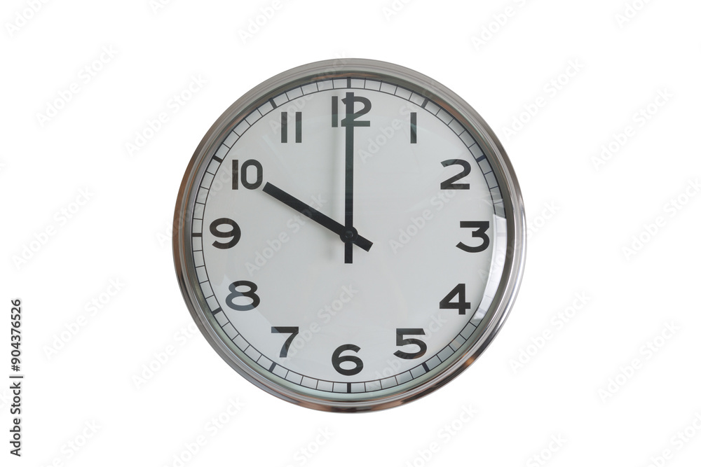 A white round shape wall clock with black hands showing the time of 10 o'clock cutout from background. Short hand at 10 o'clock and long hand at number 12. A white round shape wall clock with black hands showing the time of 10 o'clock cutout from background. Short hand at 10 o'clock and long hand at number 12.