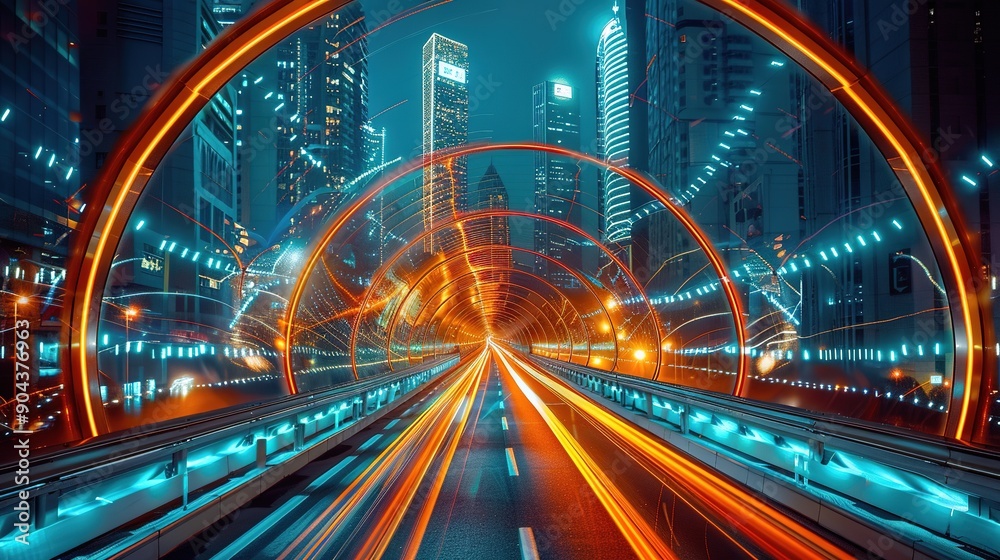 Futuristic neon light and glass facade design of tunnel flyover road with night cityscape background . Mixed media Futuristic neon light and glass facade design of tunnel flyover road with night cityscape background . Mixed media