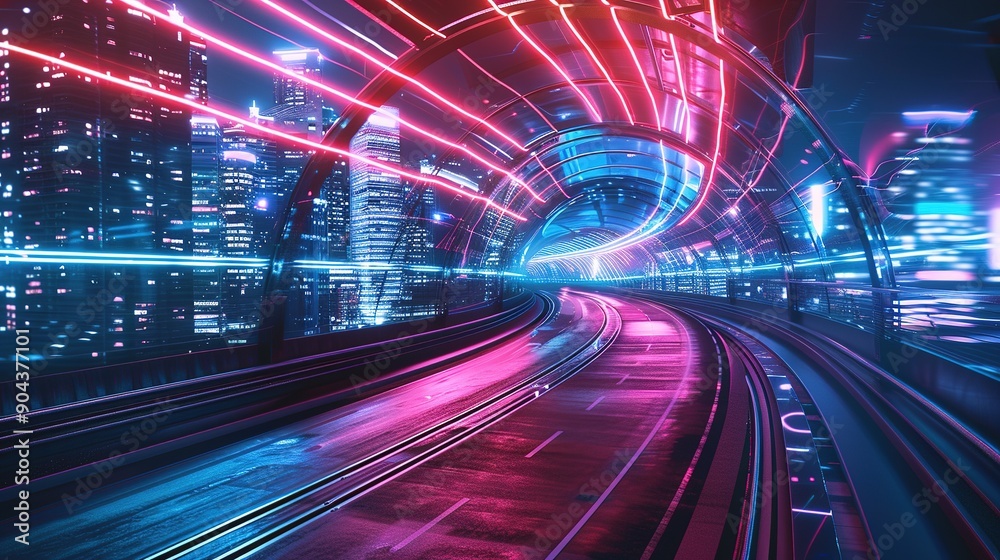 Futuristic neon light and glass facade design of tunnel flyover road with night cityscape background . Mixed media Futuristic neon light and glass facade design of tunnel flyover road with night cityscape background . Mixed media