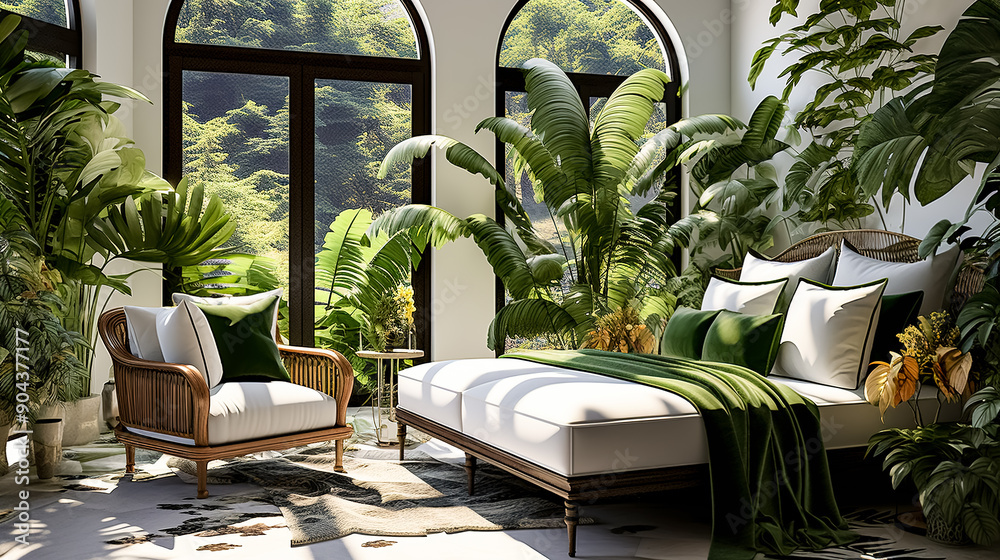 View of A modern bedroom interior design with tropical plants.. Design and ...