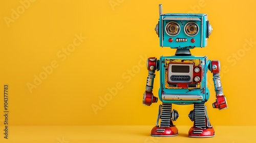 Obraz na płótnie Toy robot against a stark yellow background w salonie