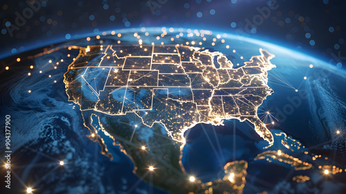 Digital map of United States of America, concept of US global network connectivity, data transfer and information exchange
