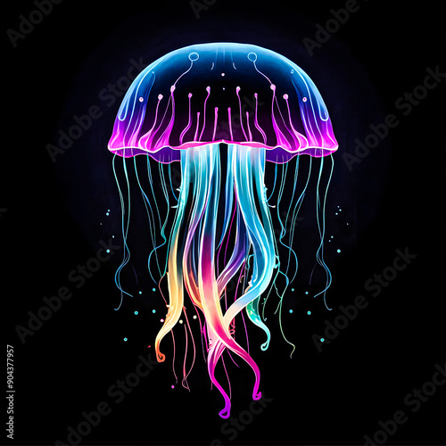 A jellyfish design with neon colors and glowing effects vector art illustration image.
