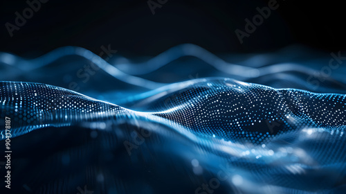 futuristic abstract blue tech background with digital waves, particles artificial neural network, cyber quantum computing