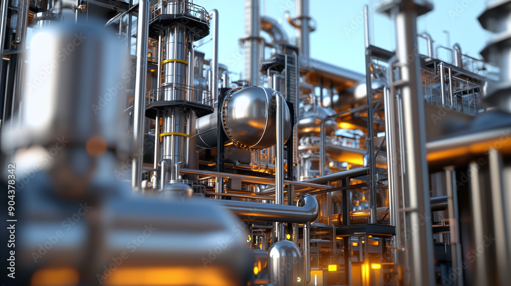 an expansive oil refinery complex with numerous pipes, tanks, and machinery