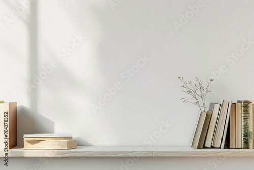 Minimalist shelf with books and plant in sunlight