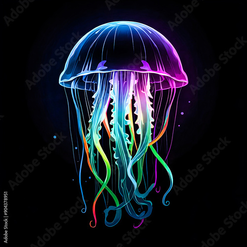 A jellyfish design with neon colors and glowing effects vector art illustration image.
 photo