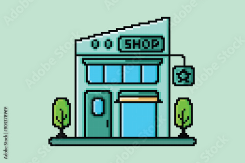 Pixel art minimalist building shop vector design
