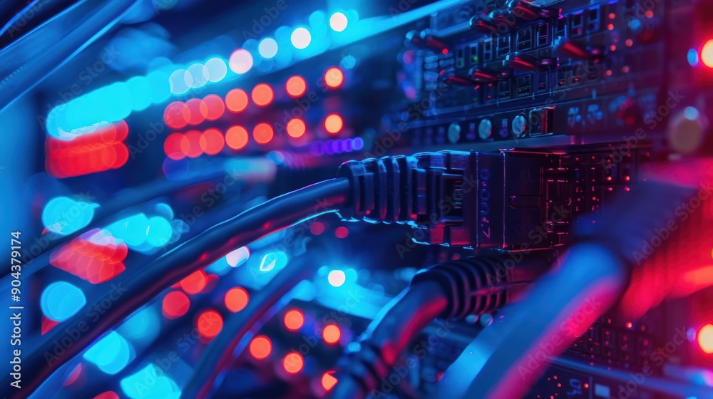 Close-up of vibrant LED lights and cables in a modern server, showcasing technology and connectivity. Close-up of vibrant LED lights and cables in a modern server, showcasing technology and connectivity.