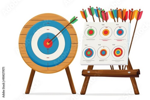 An illustration of an empty Olympic archery range with targets set up and arrows in a quiver, waiting for competitors to take their shots. The scene is serene and focused on the sport. photo