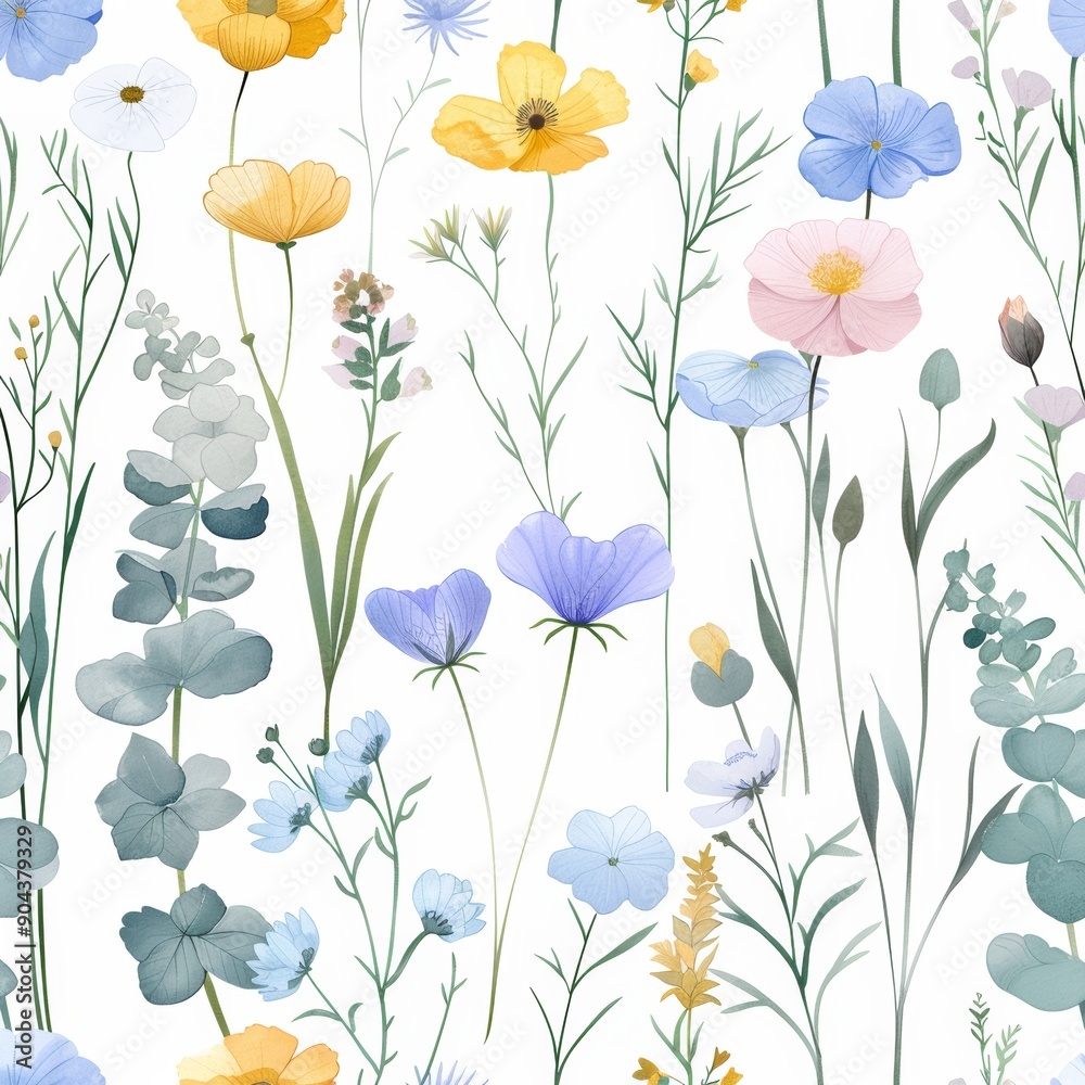 Flower motifs scattered randomly in a seamless pattern of wild wild flowers. This print is influenced by a flourishing botanical motif trend. It is hand drawn in watercolor. Flower motifs scattered randomly in a seamless pattern of wild wild flowers. This print is influenced by a flourishing botanical motif trend. It is hand drawn in watercolor.