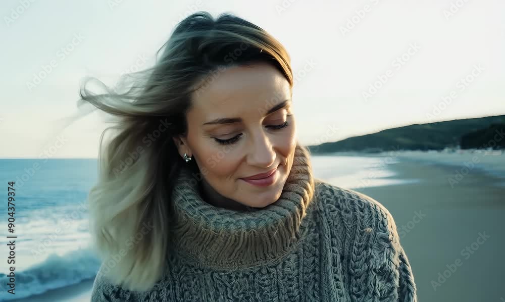 Medium shot portrait of a Russian woman in her 40s in a beach background wearing a cozy sweater Medium shot portrait of a Russian woman in her 40s in a beach background wearing a cozy sweater