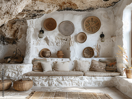  a modern living room with a brown wicker sofa, a wall with a green plant wall hanging