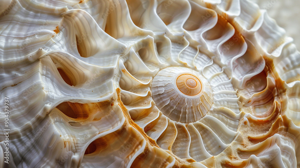 Close-up of a spiral seashell with abstract, detailed curves and patterns Close-up of a spiral seashell with abstract, detailed curves and patterns
