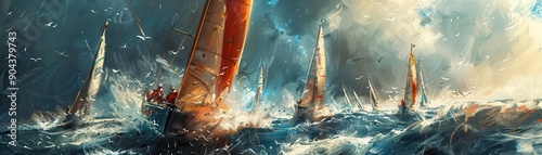 Sailboats navigate stormy seas with dramatic sky.