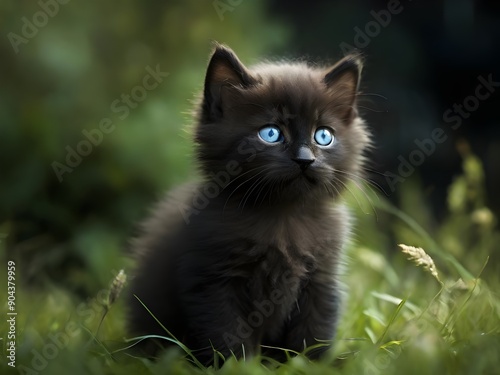 tiny black kitten with blue eyes in a starry field