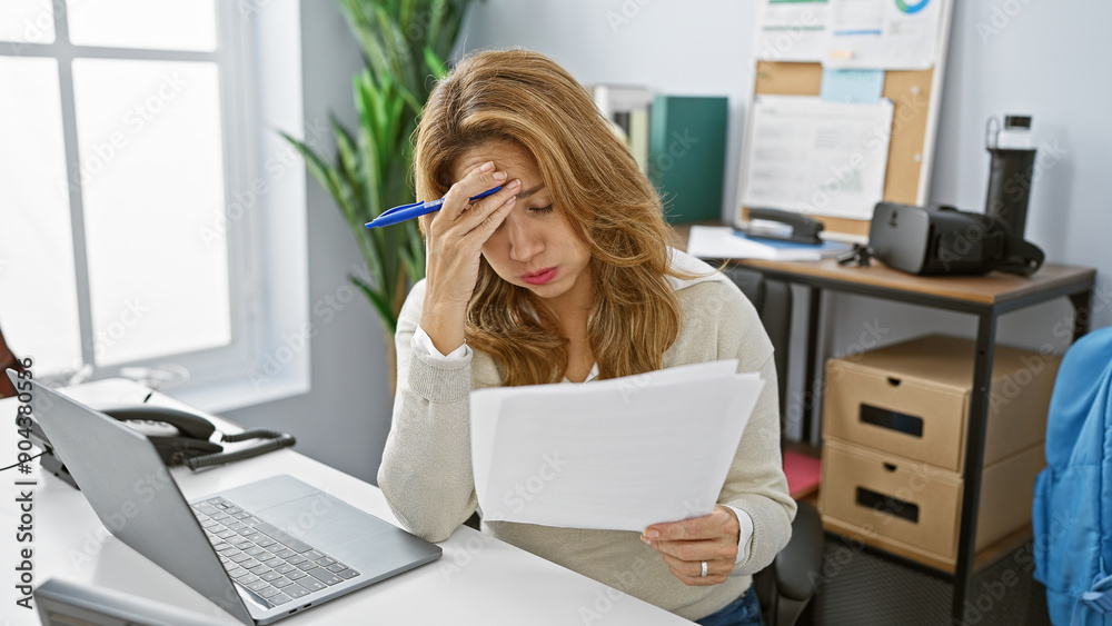 Stressed hispanic woman reading document in office Stressed hispanic woman reading document in office