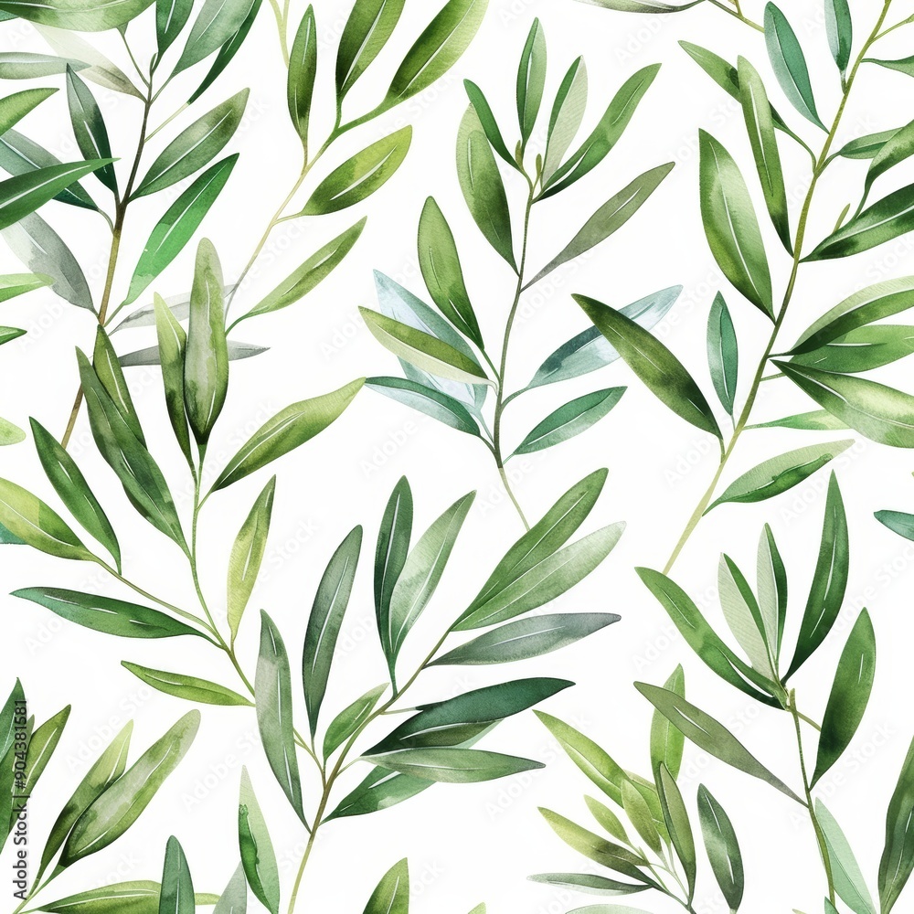 Kitchen seamless pattern of green olives. Hand painted illustration with olive branches and leaves isolated on white background. Suitable for design, print, wrapping, textile and fabric.