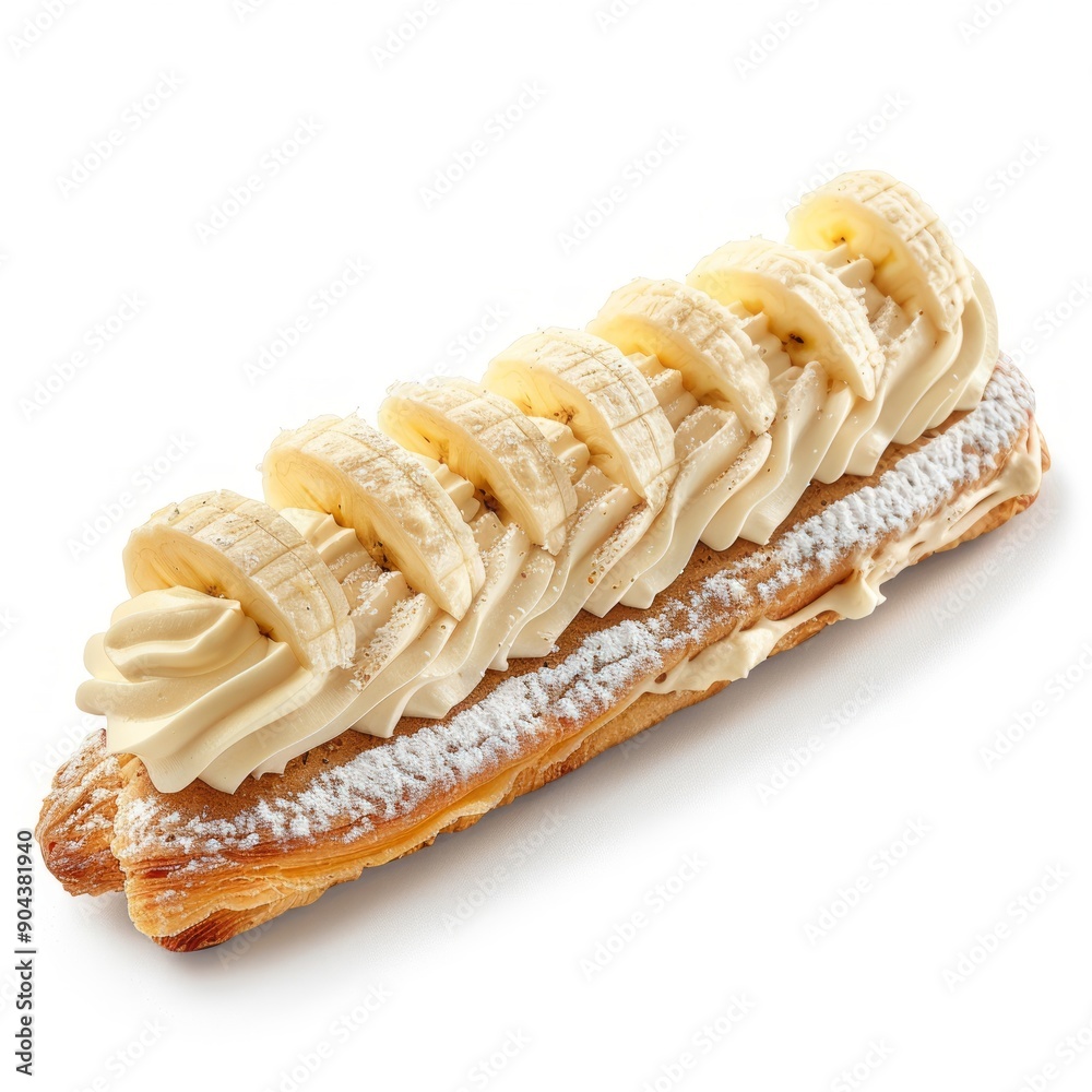 Medium shot of Eclair with banana, isolated on a white background, bright and vivid tonality Medium shot of Eclair with banana, isolated on a white background, bright and vivid tonality