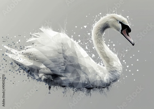 Geometric, abstract illustration of a white swan head with a gray background photo