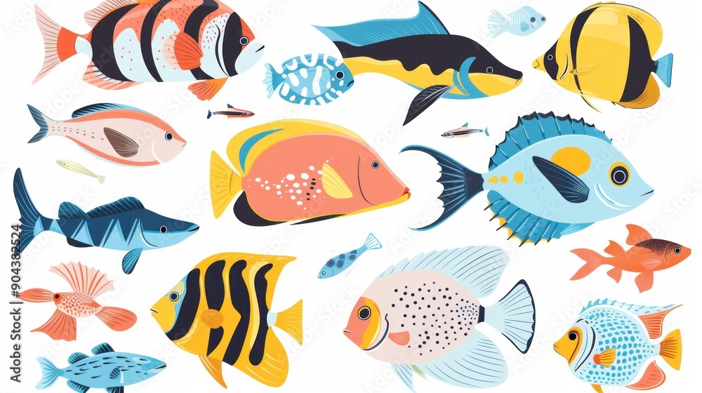 Abstract illustration featuring various tropical marine and ocean fish in a minimalistic pattern Abstract illustration featuring various tropical marine and ocean fish in a minimalistic pattern