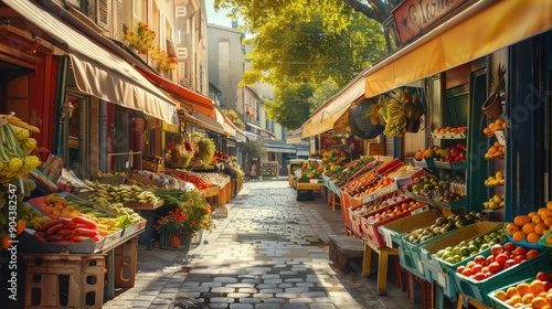 Traditional French market with colorful stalls and fresh produce, vibrant French culture photo