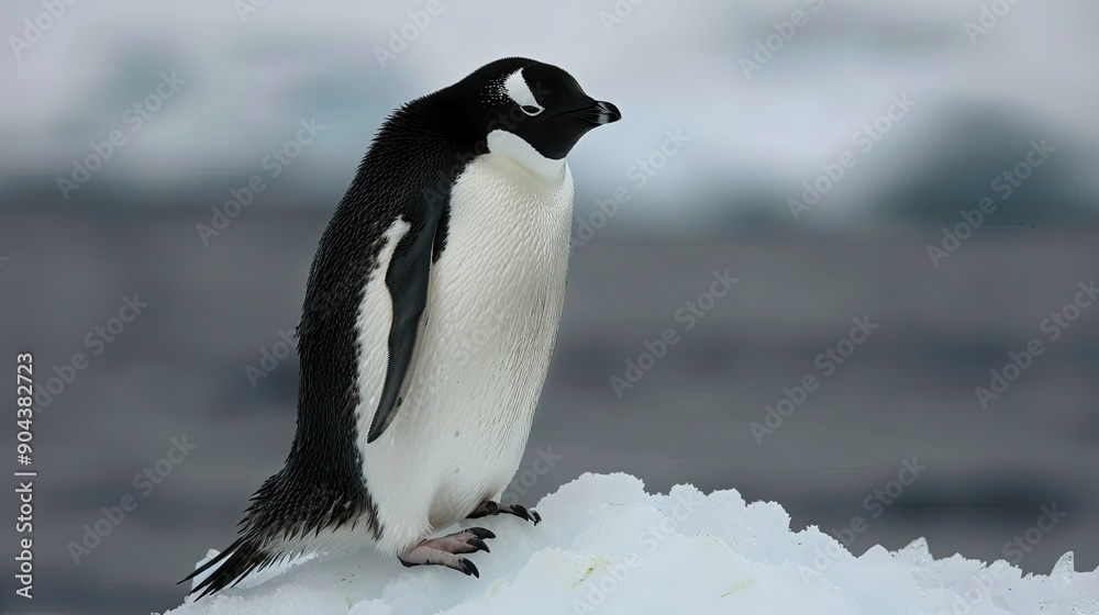 Obraz premium A penguin stands on top of a snow covered hill