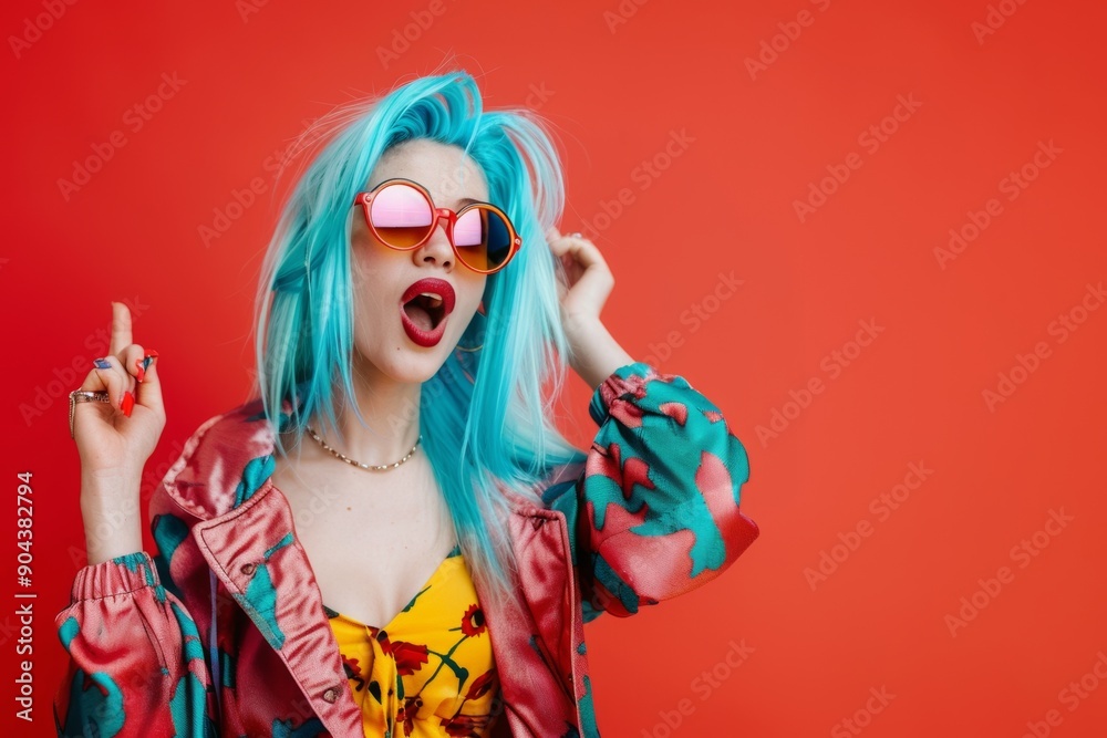 Whimsical and fashionable portrait of confident extravagant woman. Striking image of colorful stylish young woman undeniable flair. Embodiment of artistic self-expression and vibrant charisma. Whimsical and fashionable portrait of confident extravagant woman. Striking image of colorful stylish young woman undeniable flair. Embodiment of artistic self-expression and vibrant charisma.
