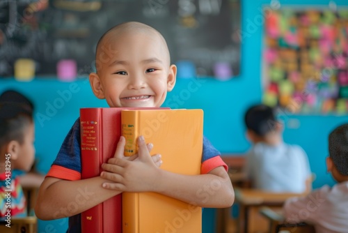 Little child's joyful smile brightens up colorful classroom. Cheerful youth enjoys learning and holds books close class. The vibrant journey of early education and development.