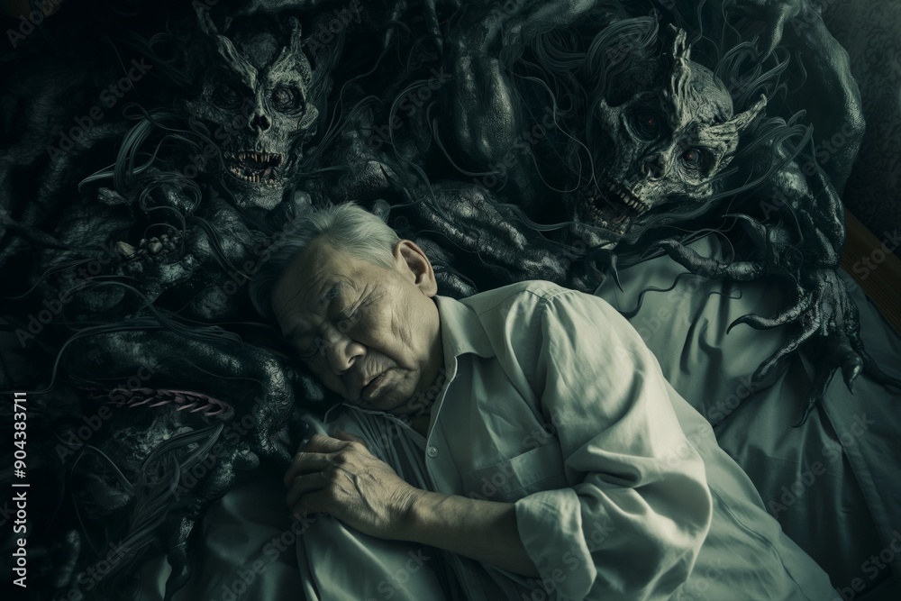 Old man experiences terrifying dream surrounded fearsome monsters. In deep slumber man is surrounded nightmarish creatures of horror. The monsters represent hidden anxieties buried within mind. Old man experiences terrifying dream surrounded fearsome monsters. In deep slumber man is surrounded nightmarish creatures of horror. The monsters represent hidden anxieties buried within mind.