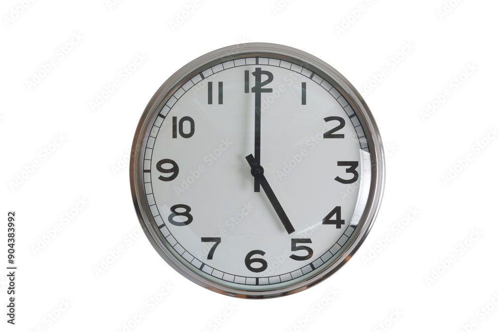 A white round shape wall clock with black hands showing the time of 5 o'clock cutout from background. Short hand at 5 o'clock and long hand at number 12. A white round shape wall clock with black hands showing the time of 5 o'clock cutout from background. Short hand at 5 o'clock and long hand at number 12.