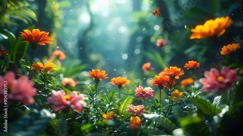 A field of flowers with a butterfly flying over them